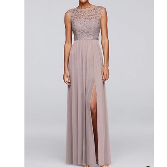 David's Bridal Long Bridesmaid Dress with Lace - Picture 2 of 8